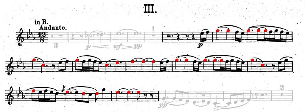 the base melody in red notes